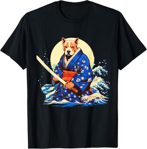Funny Pitbull Dog Japanese Grand Wave Ukiyoe Art Ninja Cool T-Shirt - T-Shirt | Black