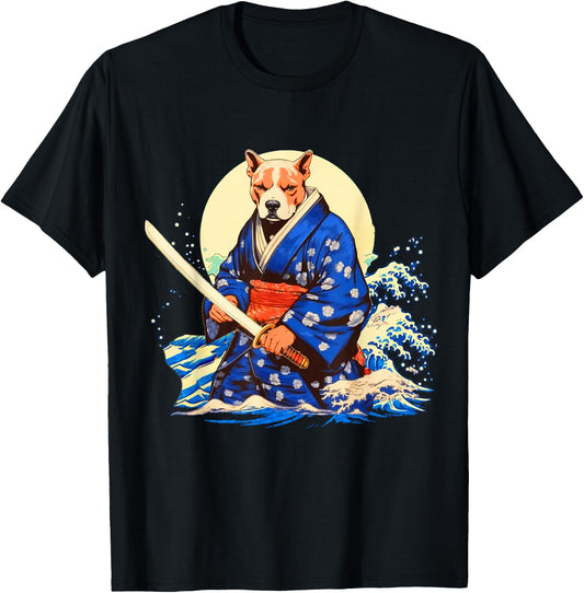 Funny Pitbull Dog Japanese Grand Wave Ukiyoe Art Ninja Cool T-Shirt - T-Shirt | Black