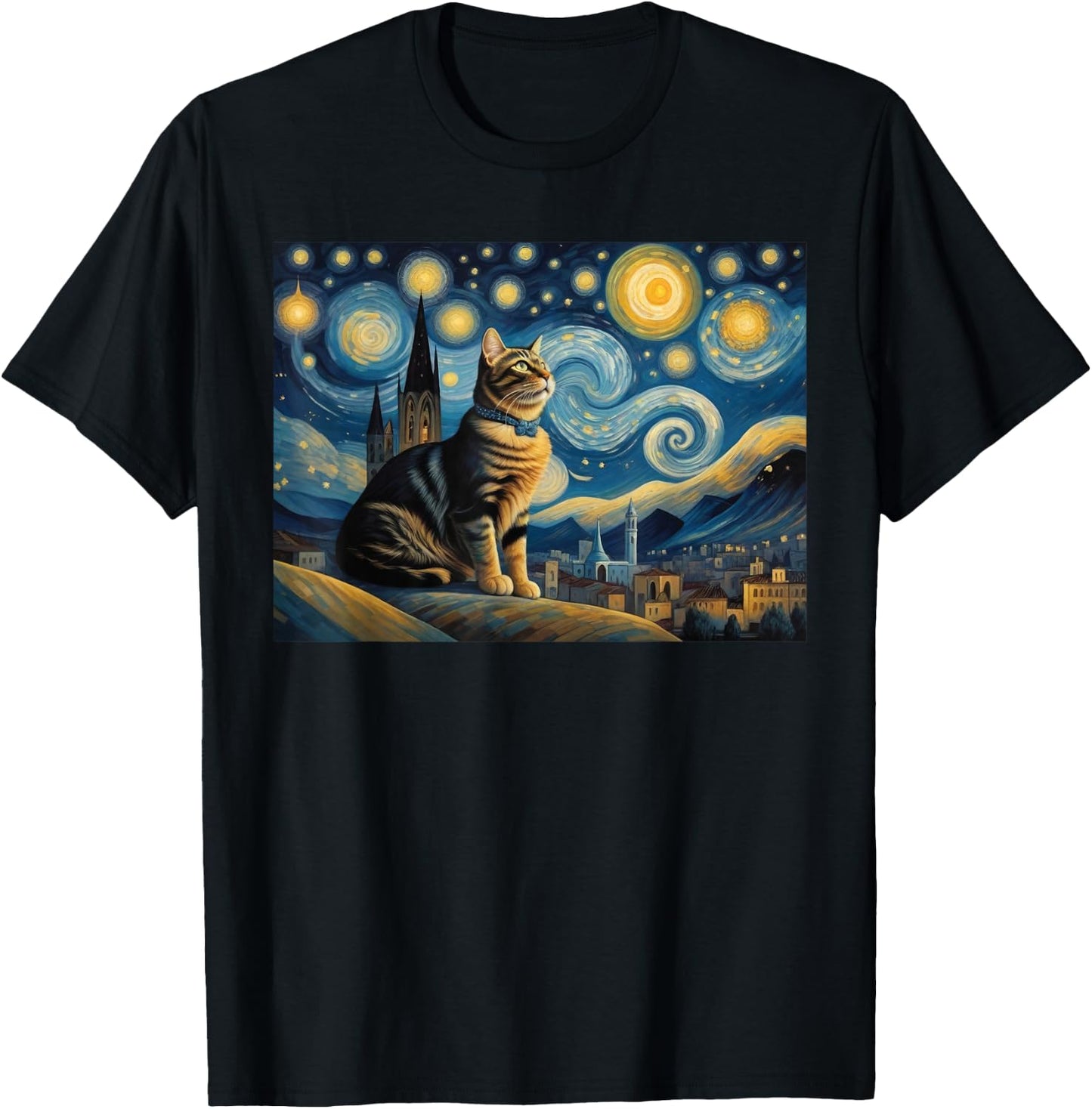 cute cat Painting art Starry Night kitty kitten Van Gogh T-Shirt - T-Shirt | Black