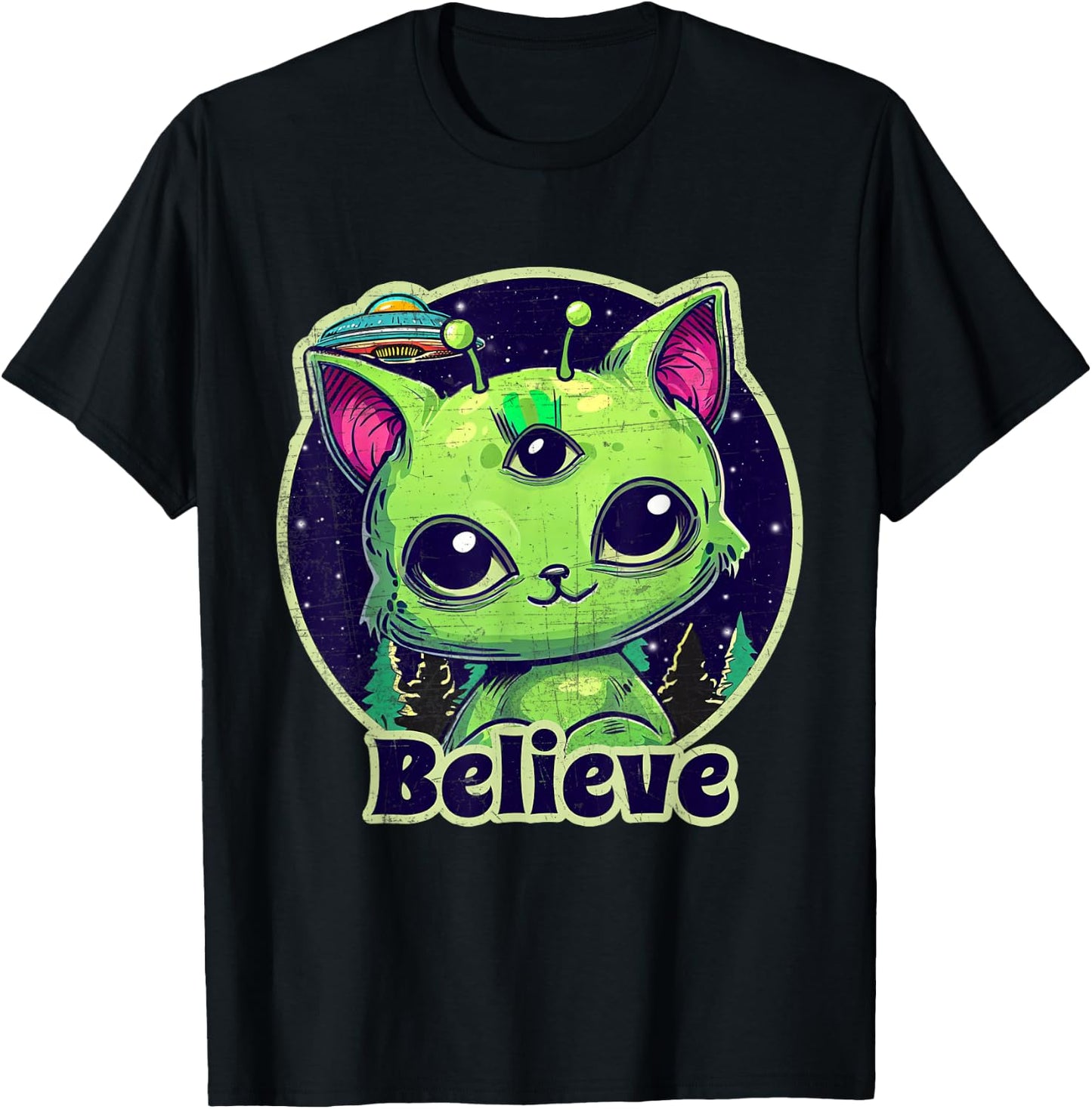 Cute Alien Cat Belive in UFO Kawaii T-Shirt - T-Shirt | Black