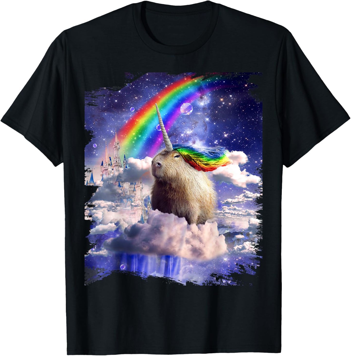 Capybaricorn Capybara Unicorn In Clouds Space Rainbow T-Shirt - T-Shirt | Black