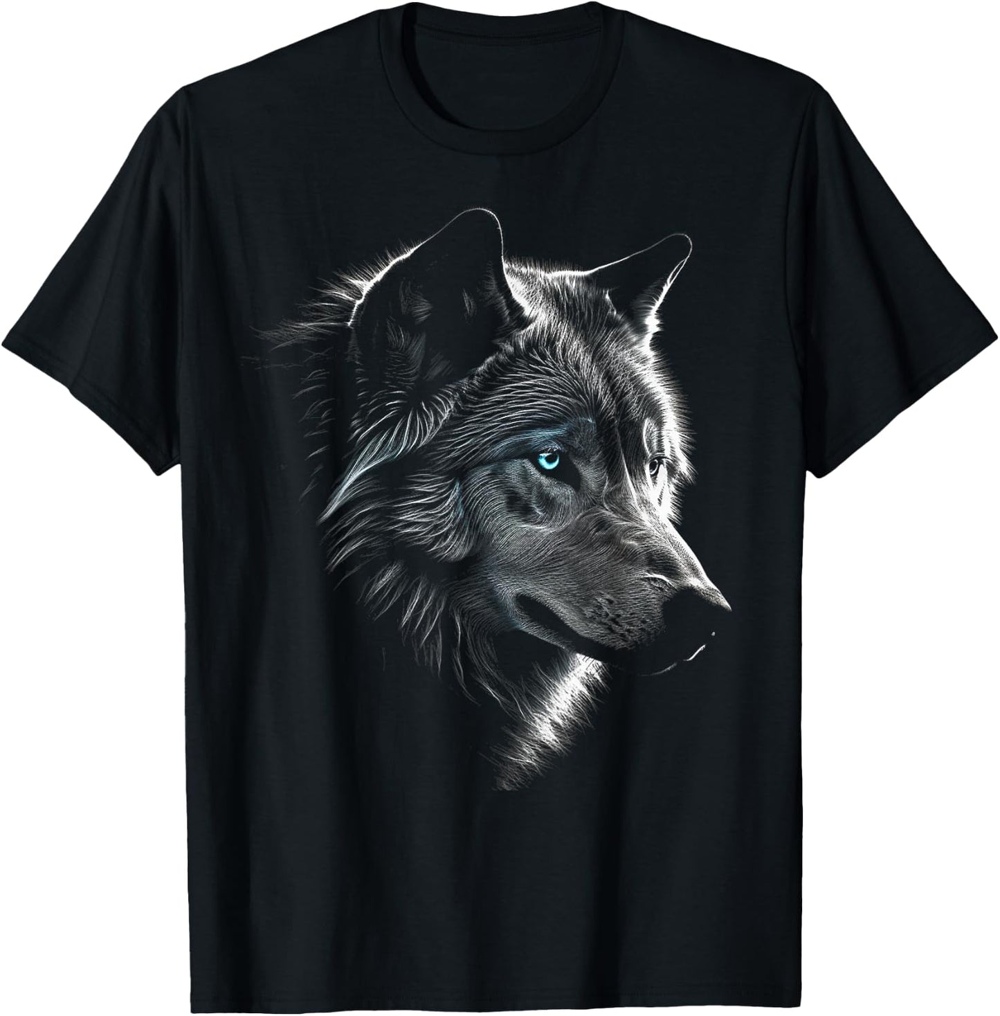 Wolf Portrait Blue Eyes - Artwork | Animal Motif Wolf T-Shirt - T-Shirt | Black