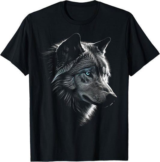 Wolf Portrait Blue Eyes - Artwork | Animal Motif Wolf T-Shirt - T-Shirt | Black