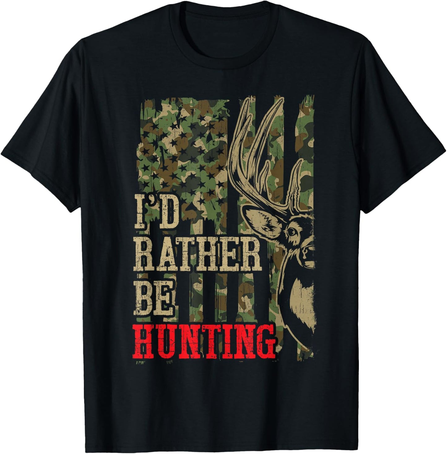 Youth Men I'd Rather Hunting Deer Camo Funny Hunter Dad Joke T-Shirt - T-Shirt | Black