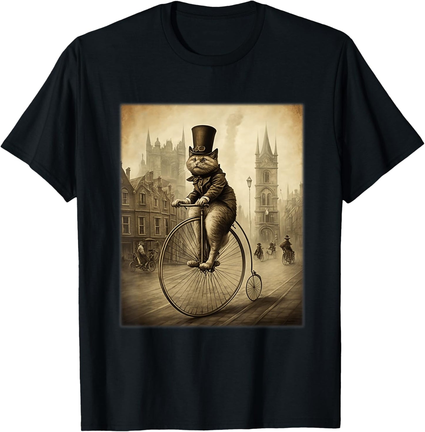 Funny Cat Top Hat Riding Penny Farthing Bicycle Cute Vintage Women Kids T-Shirt - T-Shirt | Black