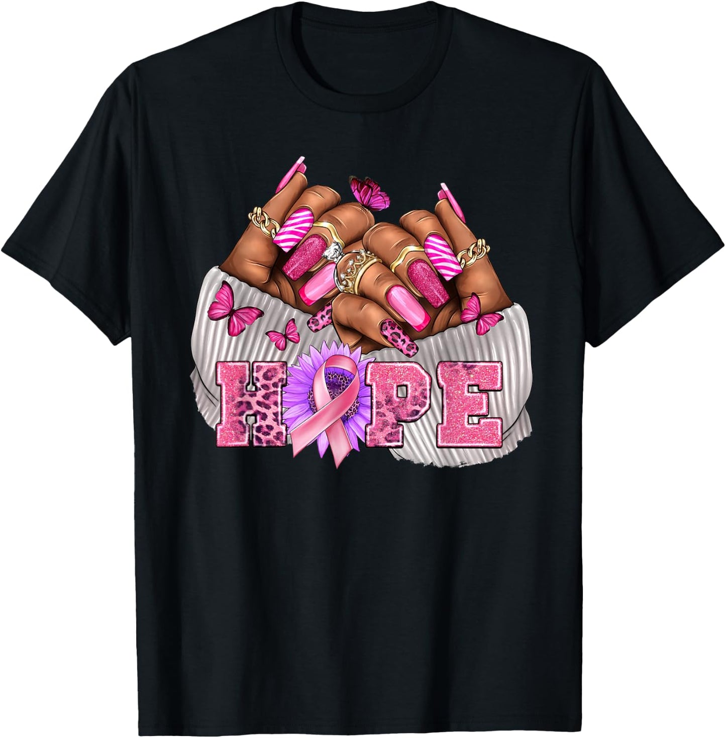 Black Woman Breast Cancer Nails Black Queen October HOPE T-Shirt - T-Shirt | Black
