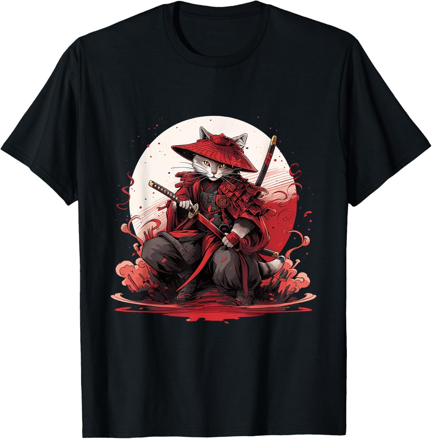 Japanese Art Cat Ninja Ukiyo-e Anime Style Samurai Cat Women Girls Kids T-Shirt - T-Shirt | Black
