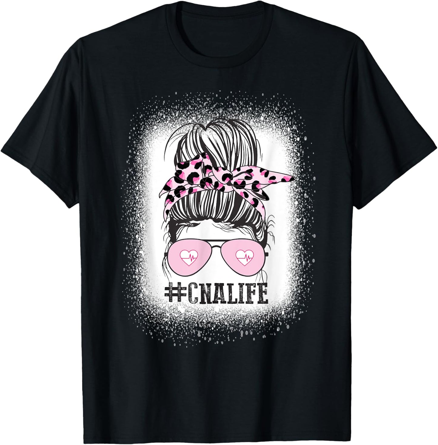 CNA Nurse Life Shirt, Bleached Messy Bun Nurse Leopard T-Shirt - T-Shirt | Black