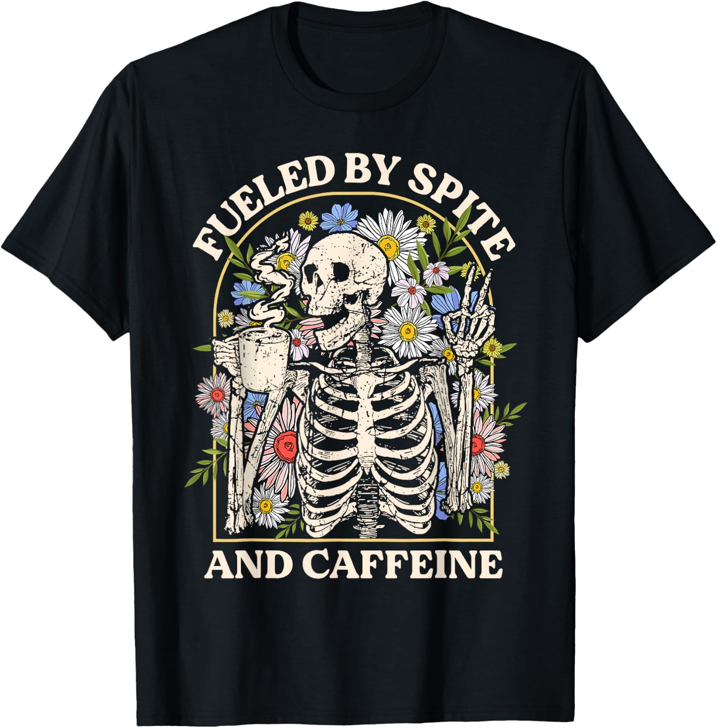 Fueled By Spite And Caffeine Skeleton Halloween Coffee T-Shirt - T-Shirt | Black