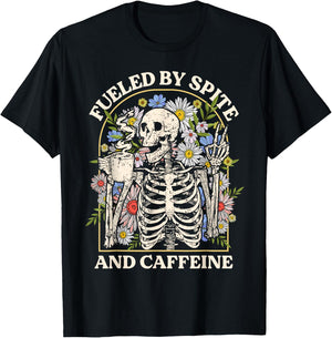 Fueled By Spite And Caffeine Skeleton Halloween Coffee T-Shirt - T-Shirt | Black