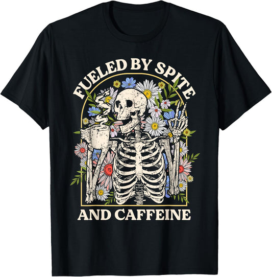 Fueled By Spite And Caffeine Skeleton Halloween Coffee T-Shirt - T-Shirt | Black