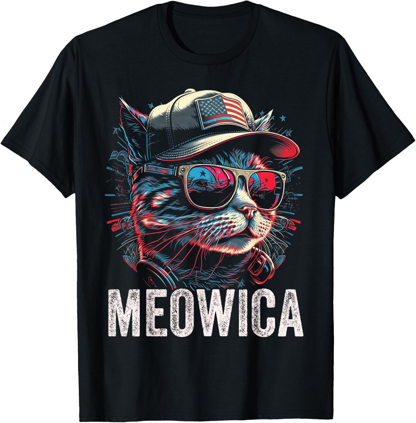 Meowica 4th of July Cat American Flag America USA Funny T-Shirt - T-Shirt | Black