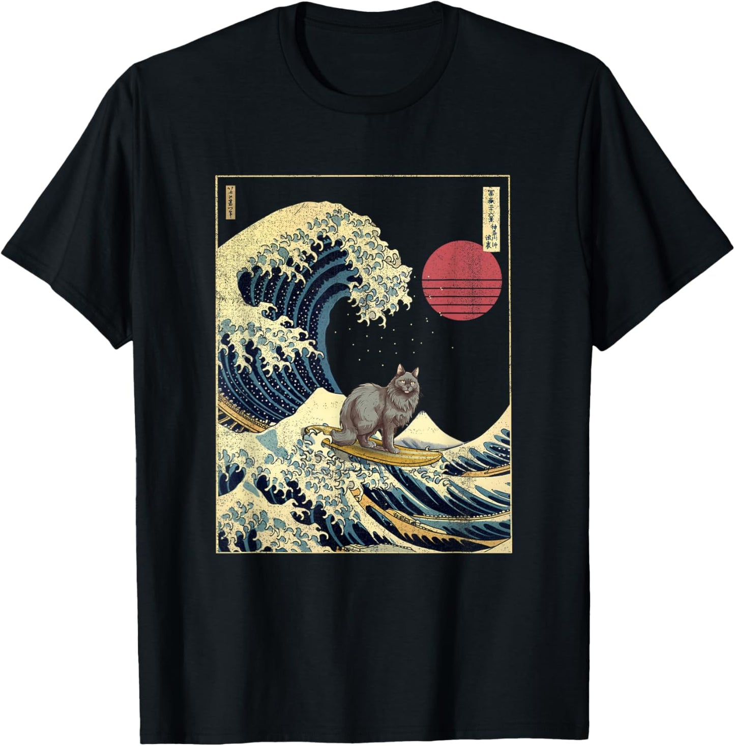 Nebelung Cat Japanese Kanagawa Wave Funny Surf Animal T-Shirt - T-Shirt | Black
