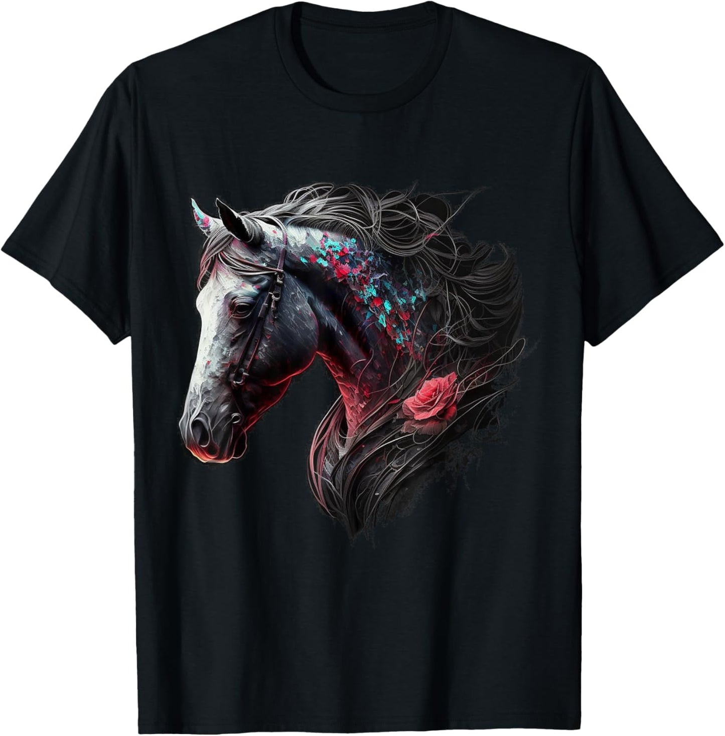 Horse Colourful Flowers Art Animal Print Horse Motif T-Shirt - T-Shirt | Black