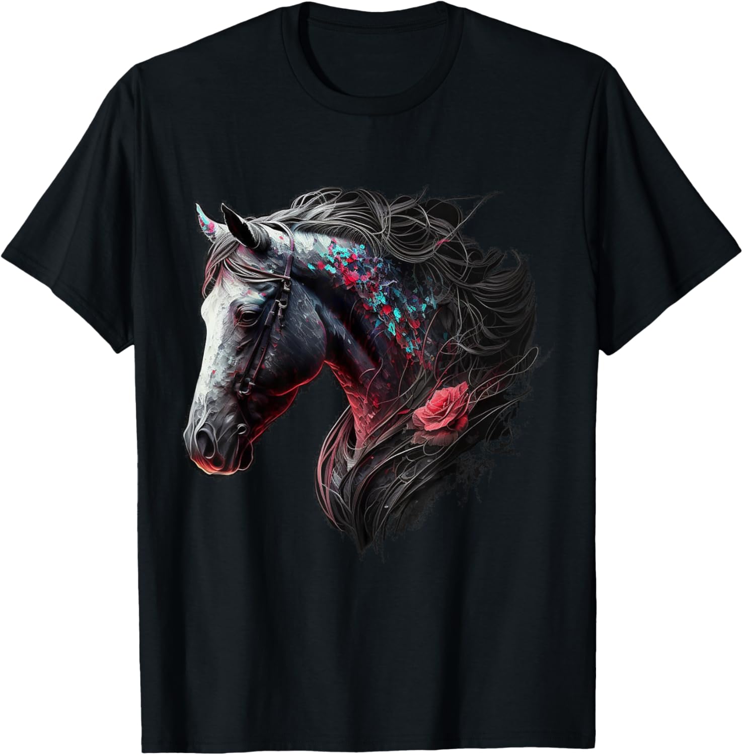 Horse Colourful Flowers Art Animal Print Horse Motif T-Shirt - T-Shirt | Black