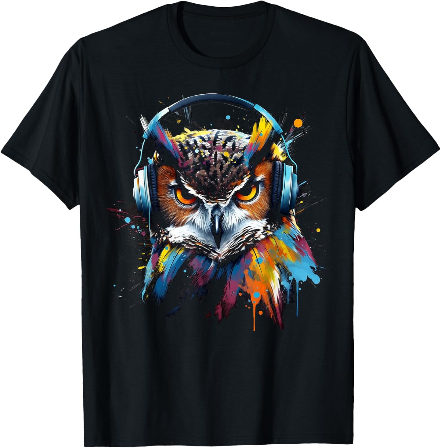 Owl Music Colourful Bird Headphones Art Animal Owl T-Shirt - T-Shirt | Black