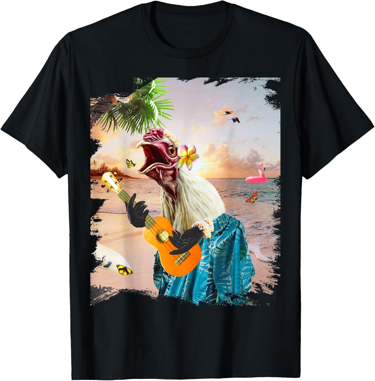 Aloha Hawaiian Chicken Playing Ukulele Beach Funny T-Shirt - T-Shirt | Black
