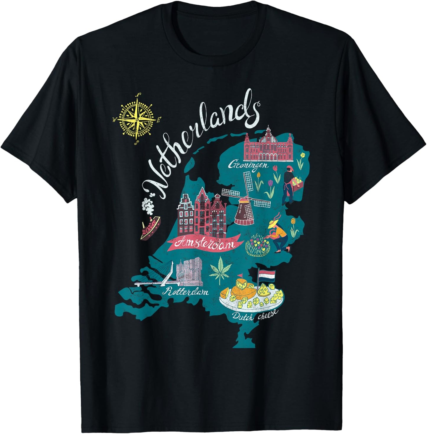 Europe Netherlands Map Holland Amsterdam Vacation Souvenir T-Shirt - T-Shirt | Black