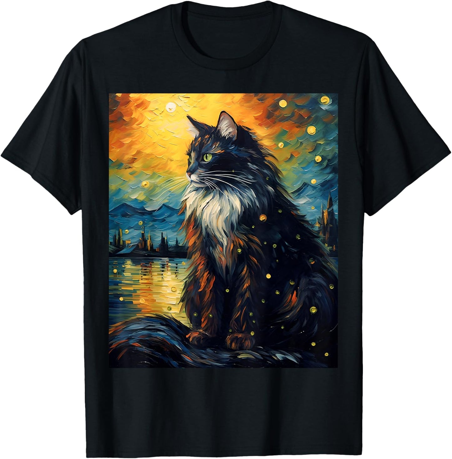Surreal Starry Night Norwegian Forest Cat Men Women Girls Kids T-Shirt - T-Shirt | Black