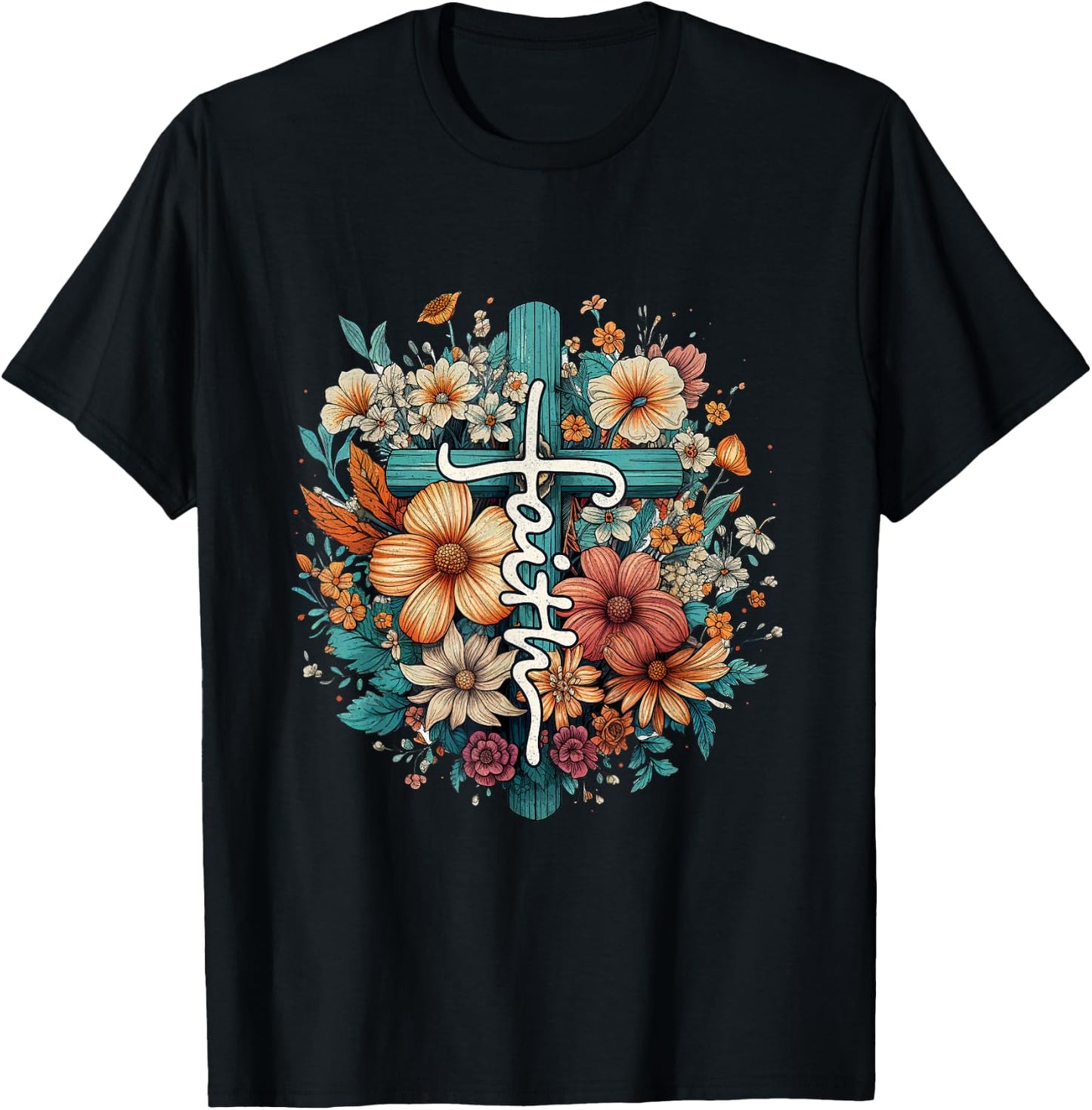 Christian Faith Cross Flowers for Jesus and God T-Shirt - T-Shirt | Black