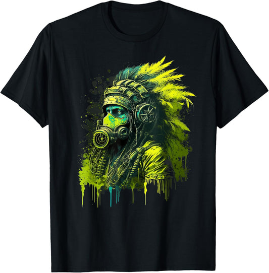 Native American Wearing Gas Mask Graphic T-Shirt - T-Shirt | Black