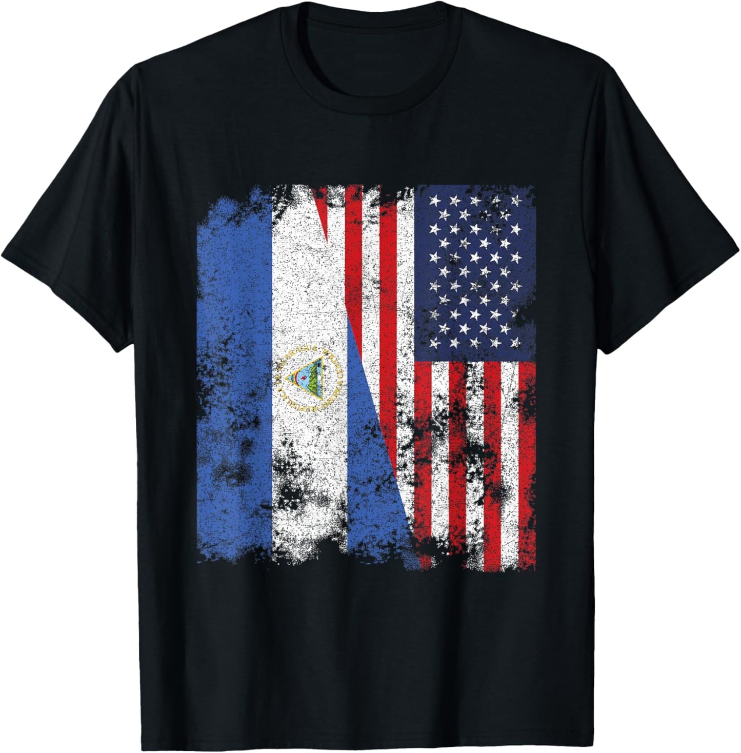 Nicaragua USA Flag Distressed - Half American T-Shirt - T-Shirt | Black