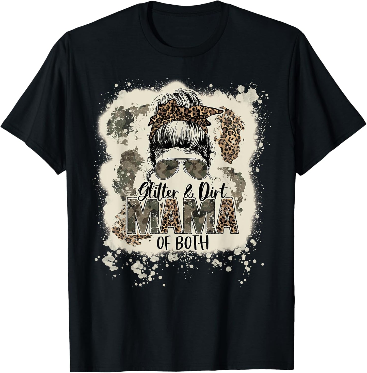 Glitter & Dirt Mama Of Both Leopard Camo Messy Bun Bleached T-Shirt - T-Shirt | Black