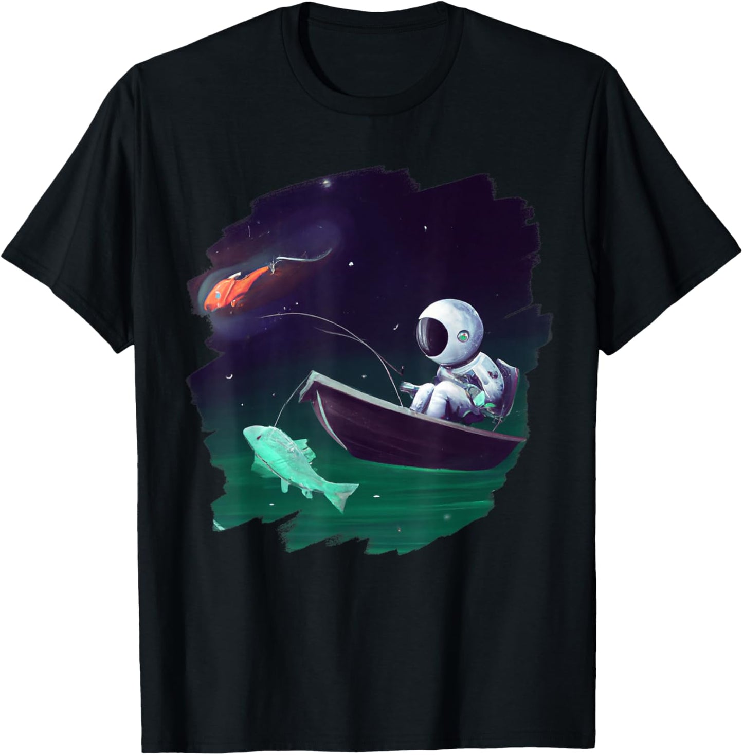 Astronaut Fishing Boat Space Ocean Lake Cool Fish Artistic T-Shirt - T-Shirt | Black