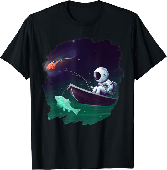 Astronaut Fishing Boat Space Ocean Lake Cool Fish Artistic T-Shirt - T-Shirt | Black