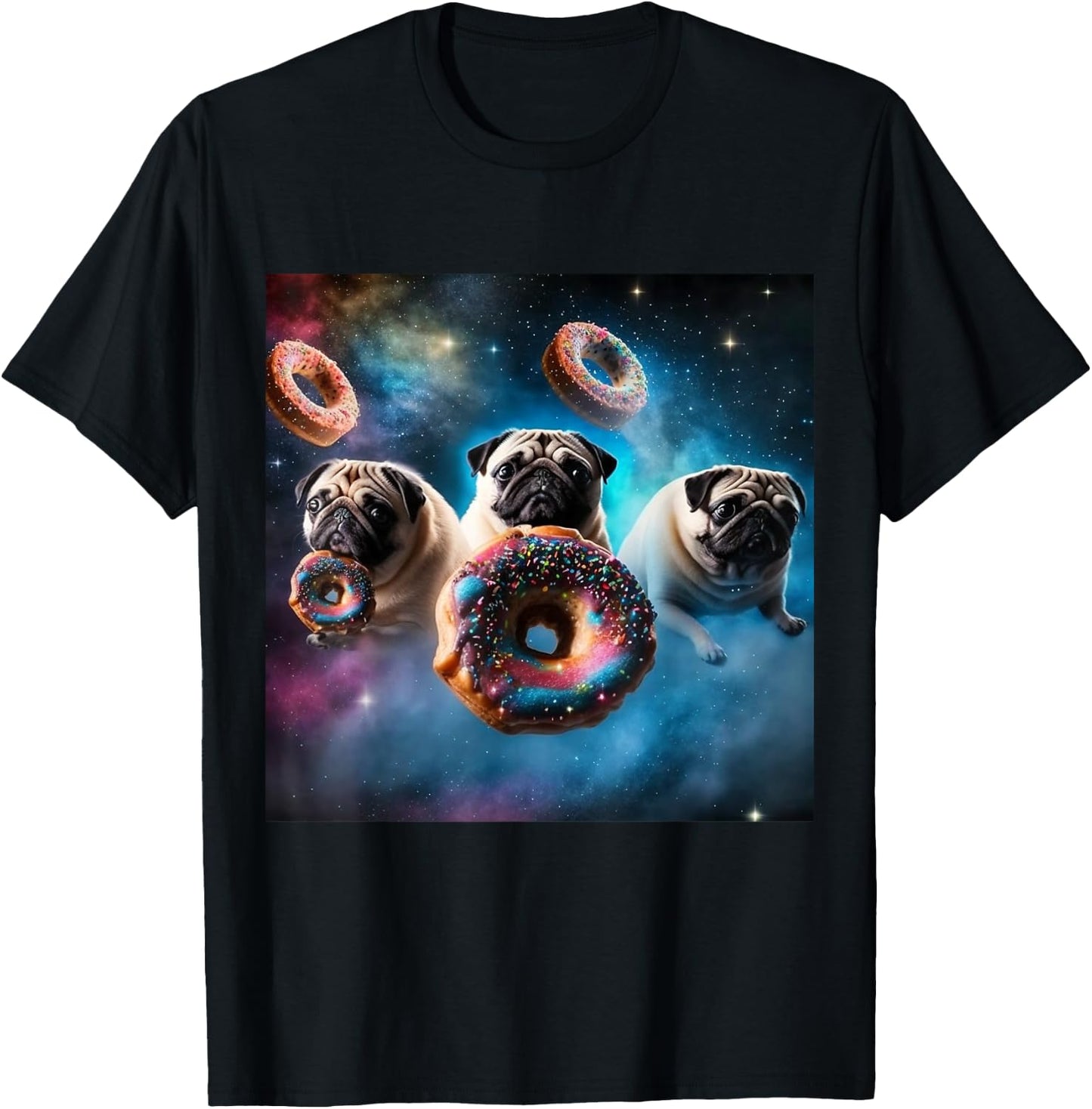 Pugs in Space with Donuts Cute Pug Boys Girls Men Women T-Shirt - T-Shirt | Black