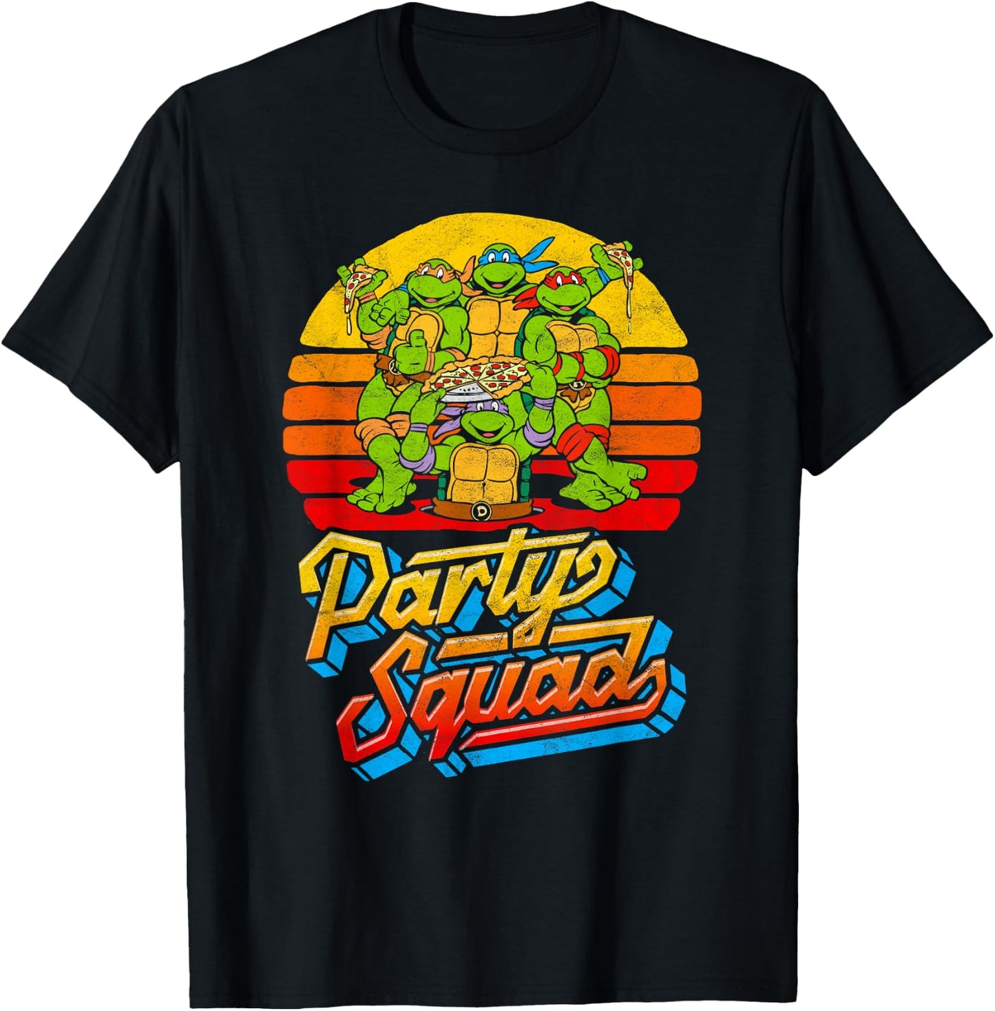Party Squad! TMNT Vintage 80s Pizza Friends Distressed T-Shirt - T-Shirt | Black