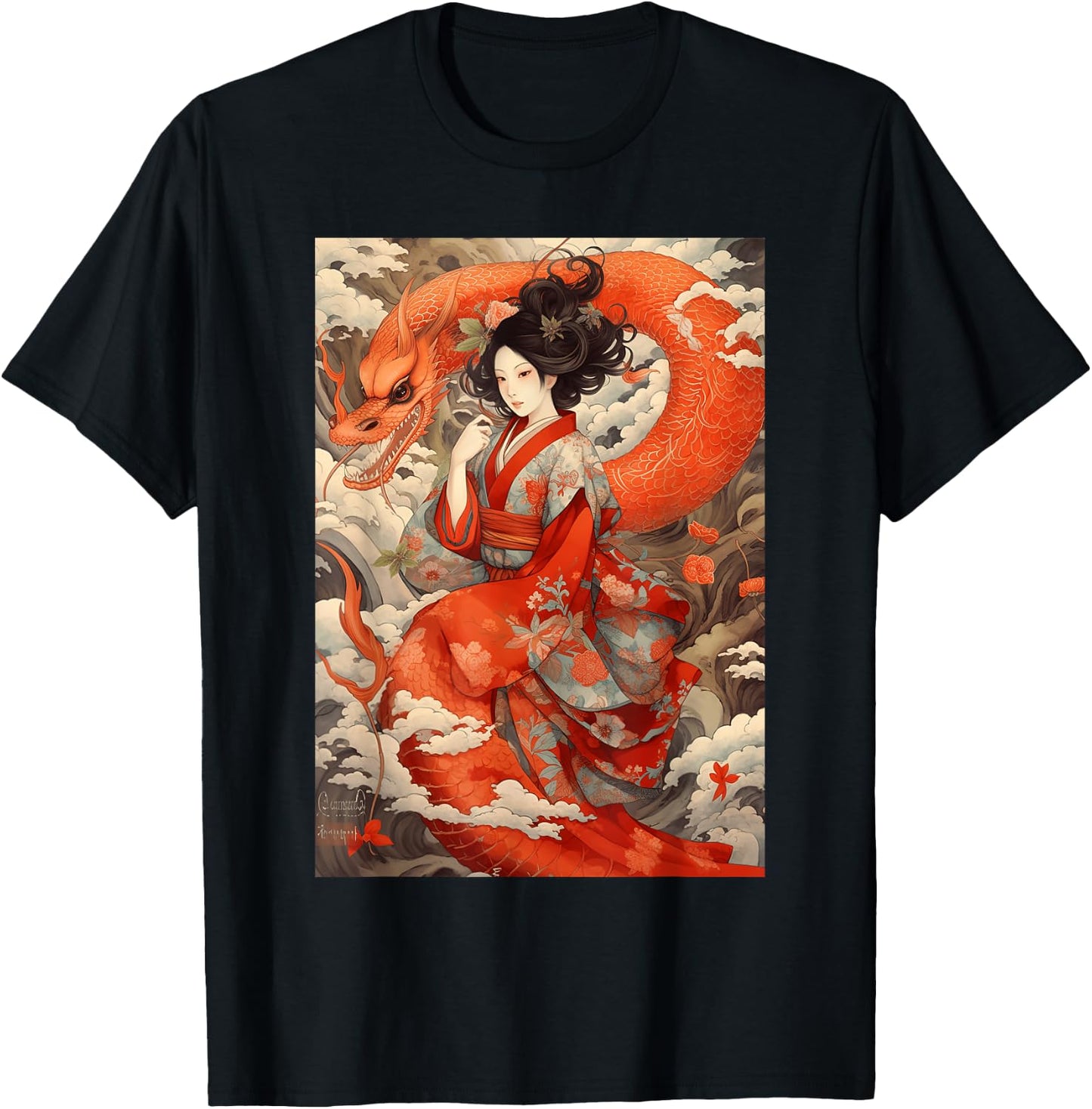Japanese Geisha Kawaii In Kimono Dragon Japan T-Shirt - T-Shirt | Black