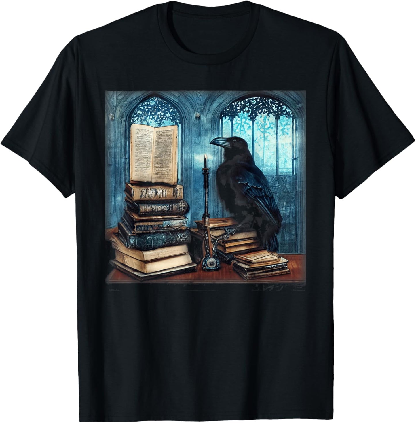 Gothic Art Raven Sitting On A Stack of Old Books T-Shirt - T-Shirt | Black