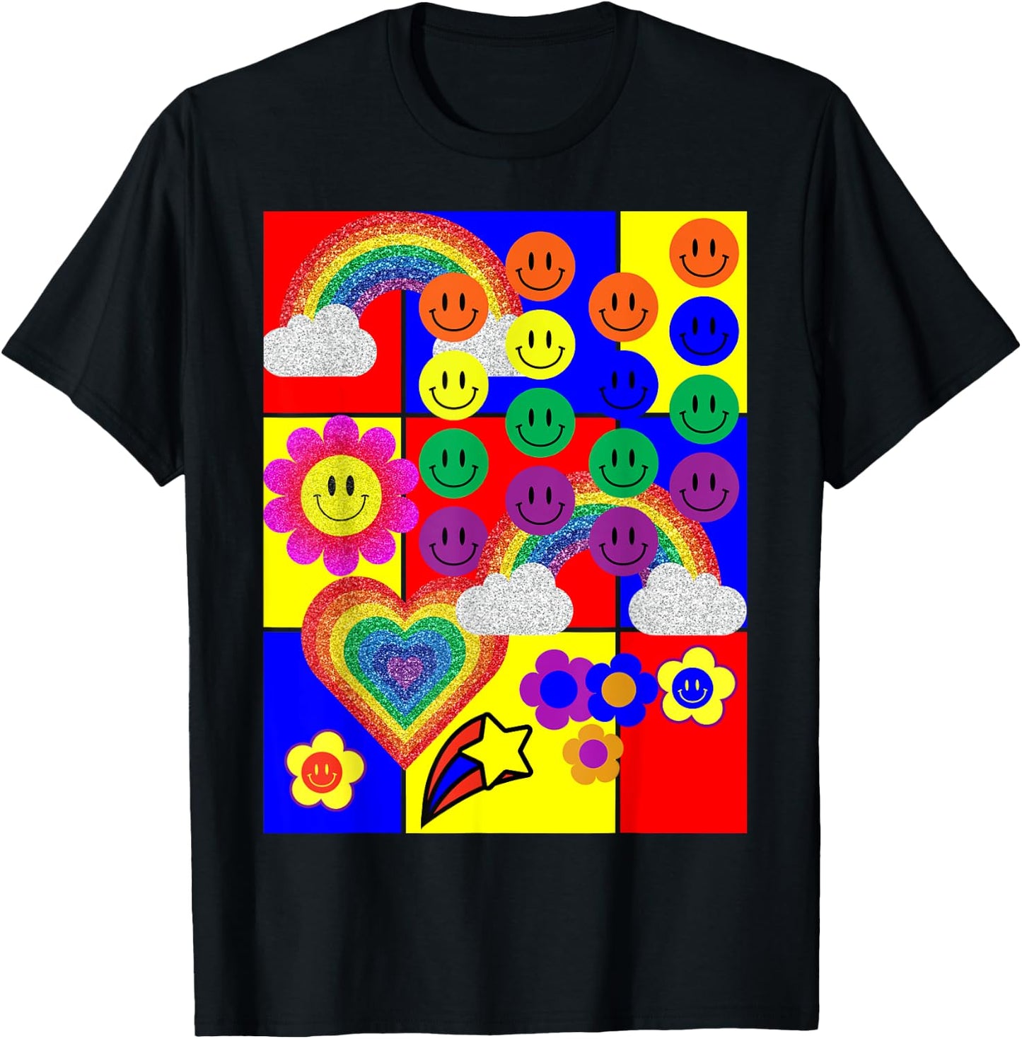 Kidcore Flower Heart Faces T-Shirt - T-Shirt | Black