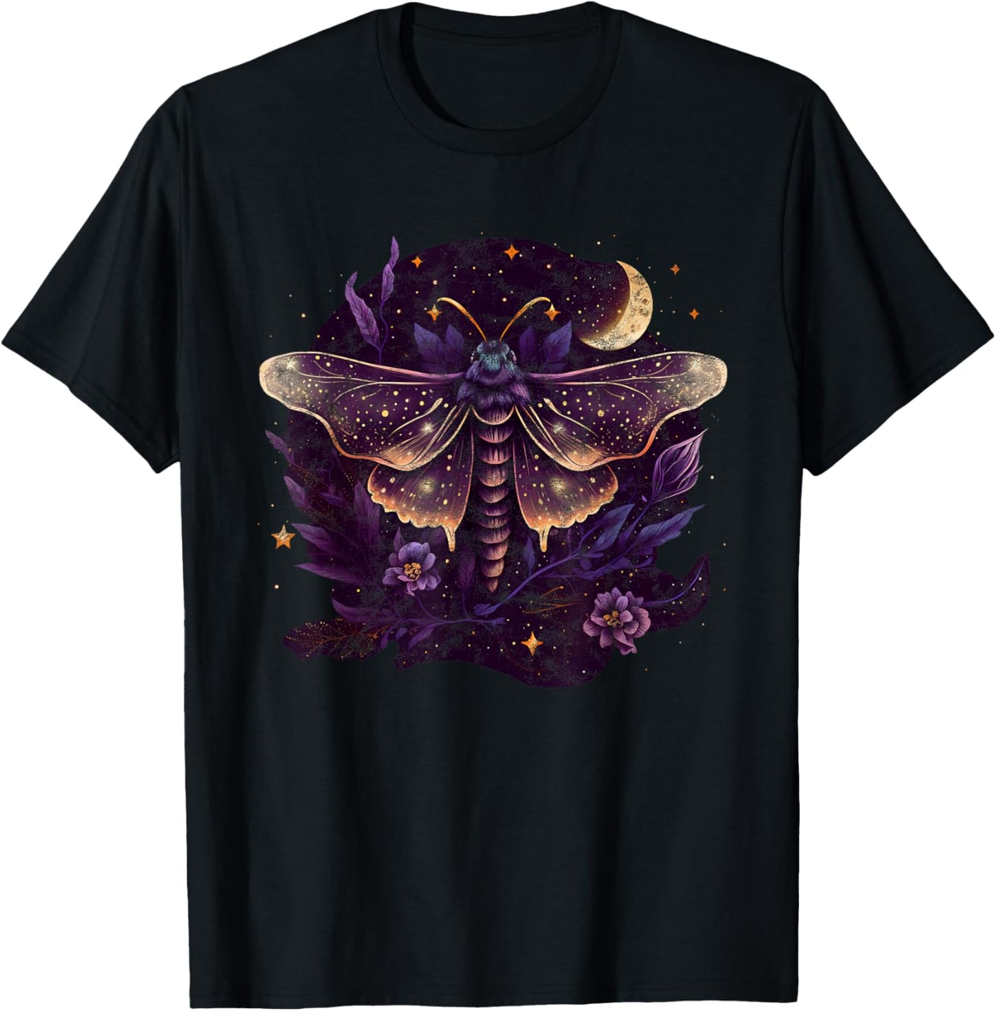 Moth, moon, butterfly, flowers, stars, night, queen, gothic T-Shirt - T-Shirt | Black