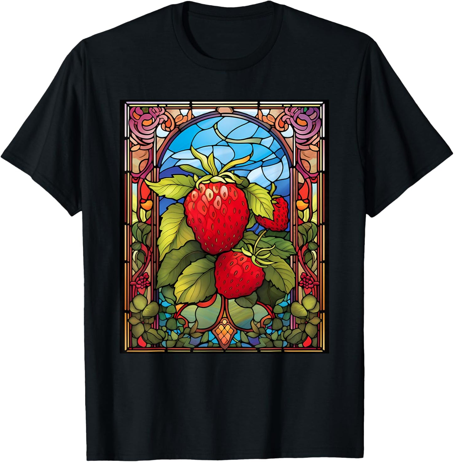 Stained Glass Style Strawberry T-Shirt - T-Shirt | Black
