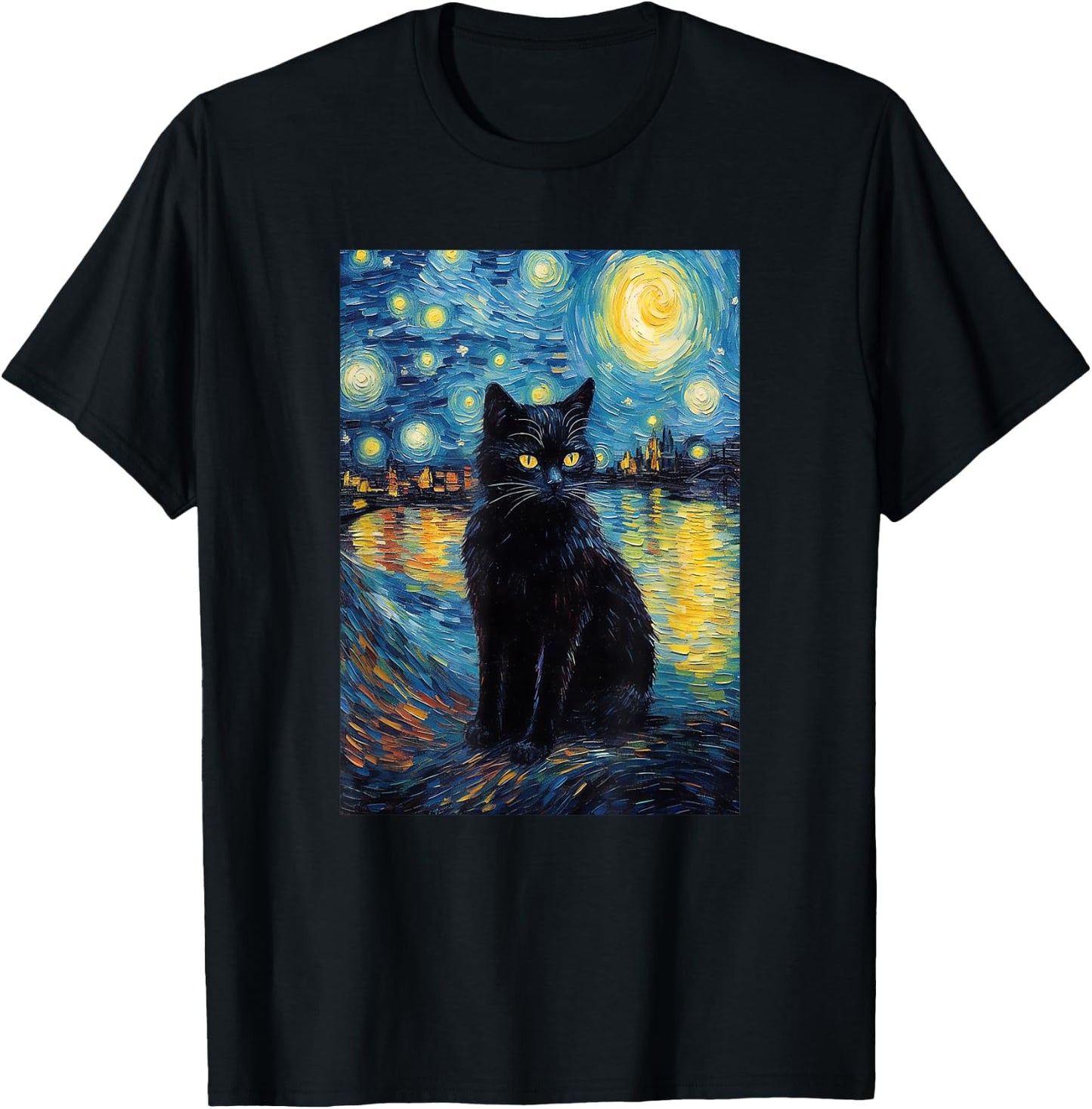 black cat Painting art Starry Night kitty kitten Van Gogh T-Shirt - T-Shirt | Black