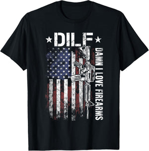 Gun American Flag DILF - Damn I Love Firearms T-Shirt - T-Shirt | Black