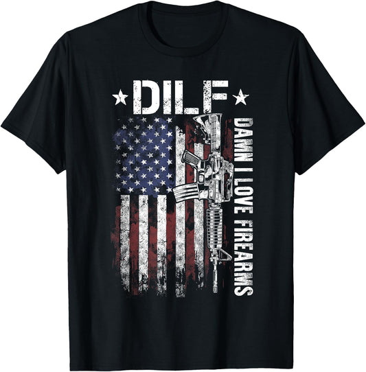 Gun American Flag DILF - Damn I Love Firearms T-Shirt - T-Shirt | Black