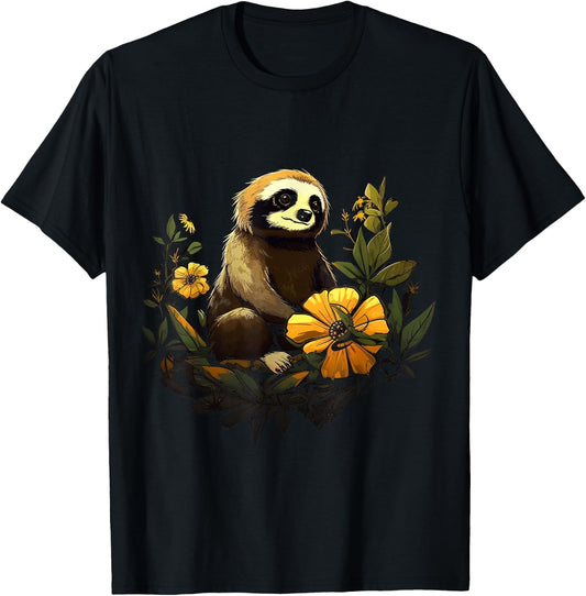 Sloth flowers - animal art animal motif artwork sloth T-Shirt - T-Shirt | Black