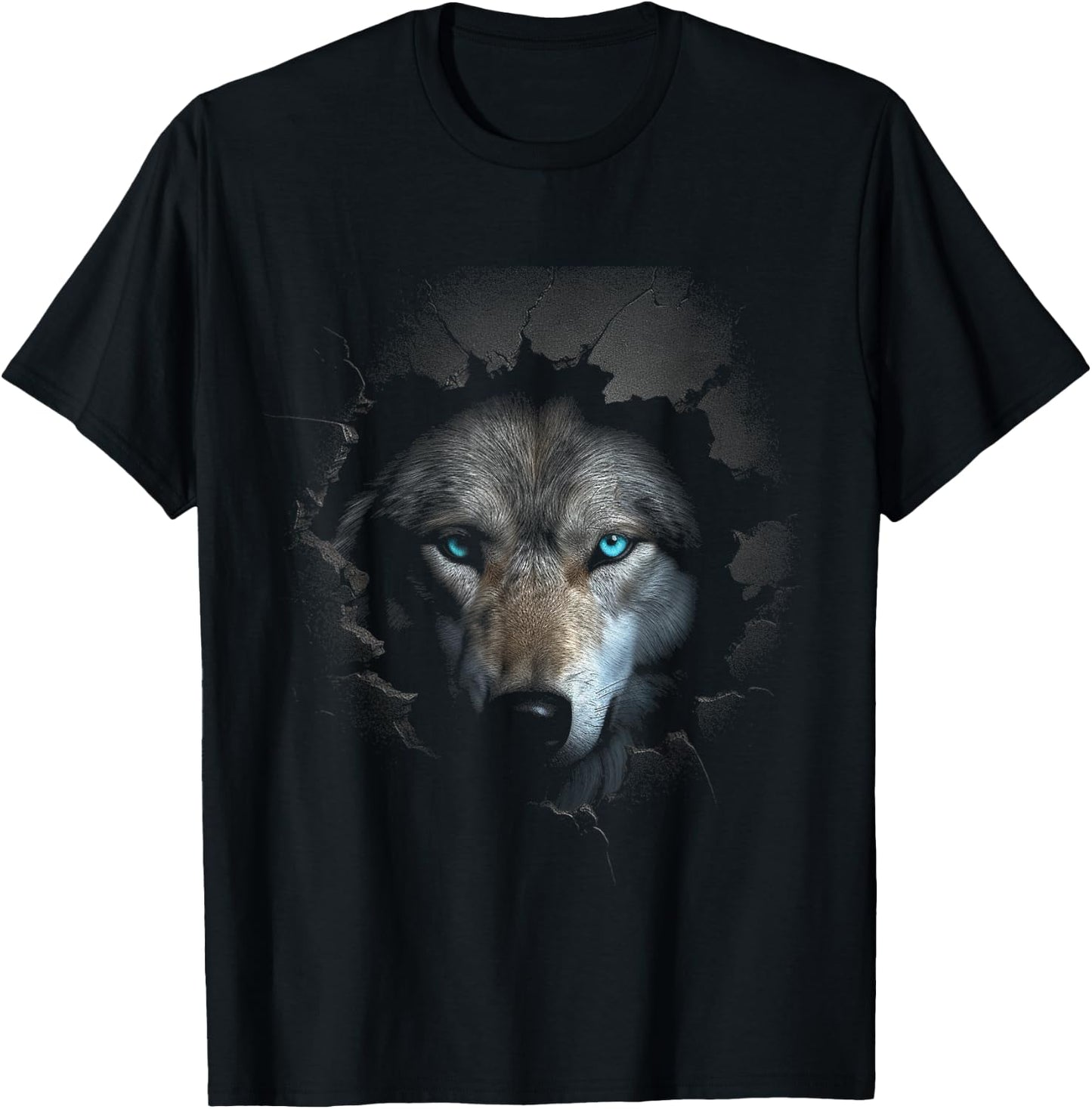 Wolf Blue Eyes Artwork | Wall Animal Motif Wolf T-Shirt - T-Shirt | Black