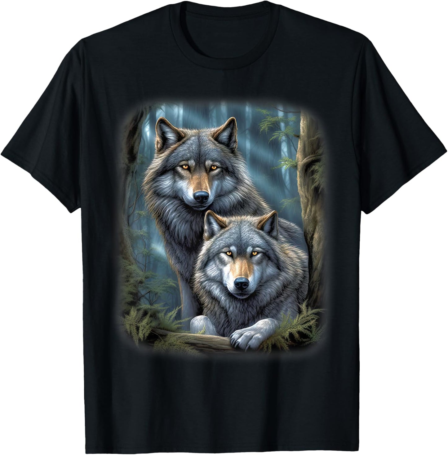 Wolf Wolves in Forest by Night Moon Fantasy Art Wildlife T-Shirt - T-Shirt | Black