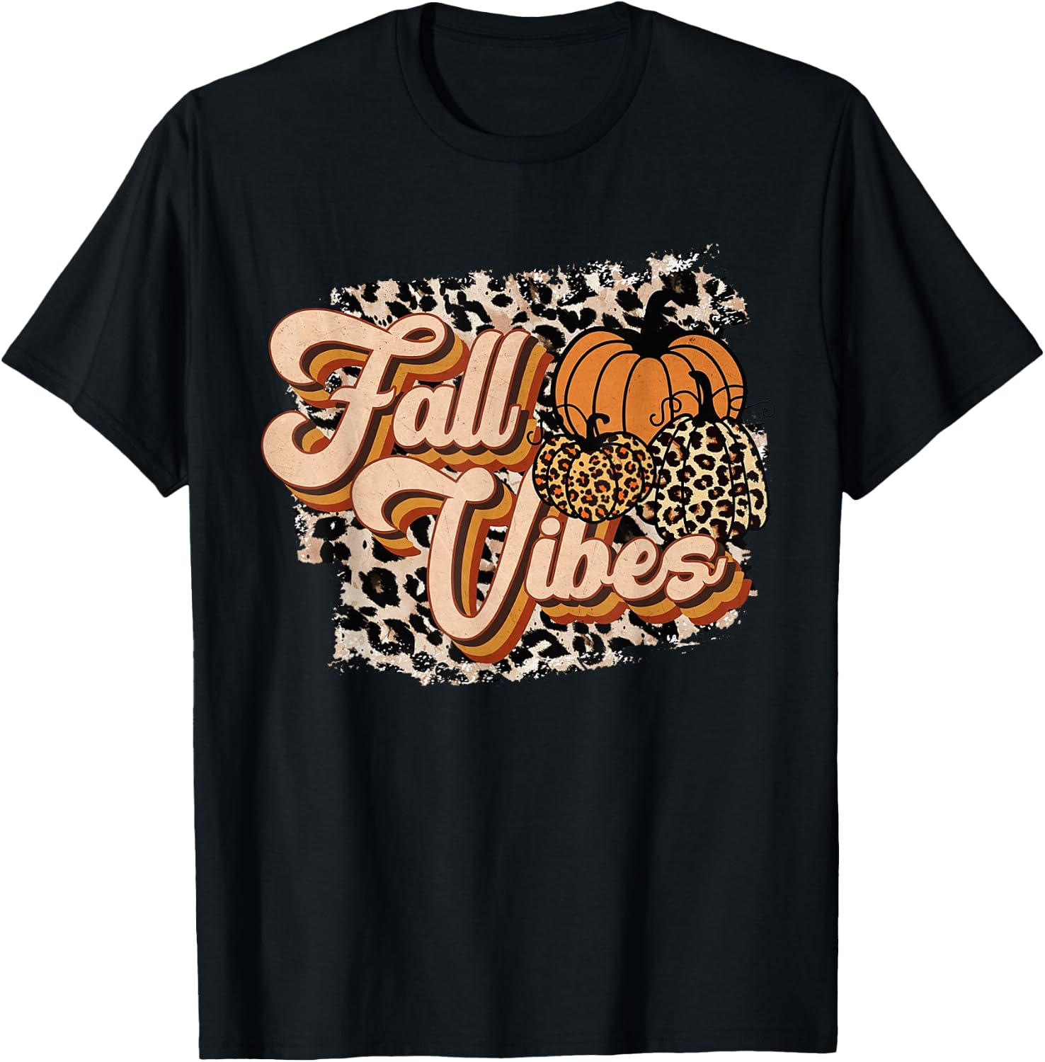 Fall Vibes Leopard Groovy Thanksgiving Autumn Girl T-Shirt - T-Shirt | Black
