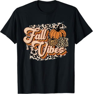 Fall Vibes Leopard Groovy Thanksgiving Autumn Girl T-Shirt - T-Shirt | Black
