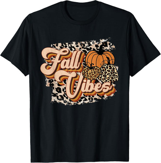 Fall Vibes Leopard Groovy Thanksgiving Autumn Girl T-Shirt - T-Shirt | Black
