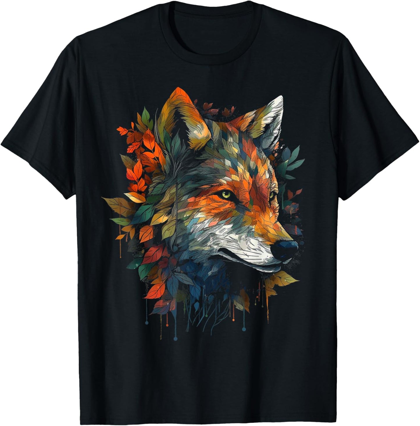 Wolf autumn leaves animal motif artwork - art animal wolf T-Shirt - T-Shirt | Black