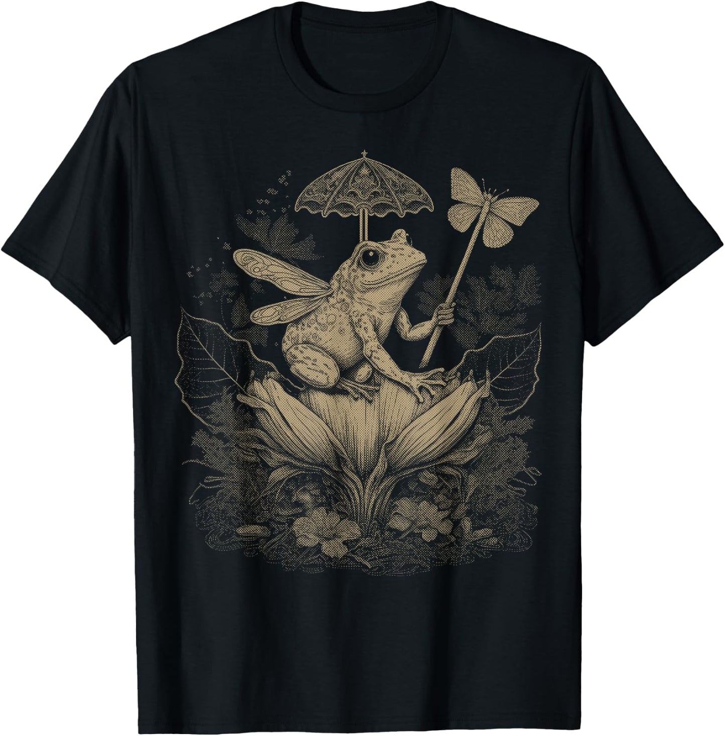 Cute Fairycore Floral Frog Aesthetic Girls Women Graphic T-Shirt - T-Shirt | Black