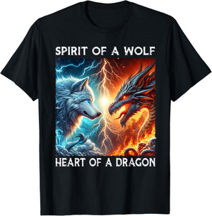 Spirit Of A Wolf Heart Of A Dragon Love Wolves and Dragons T-Shirt - T-Shirt | Black