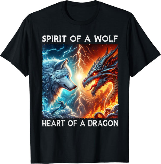 Spirit Of A Wolf Heart Of A Dragon Love Wolves and Dragons T-Shirt - T-Shirt | Black