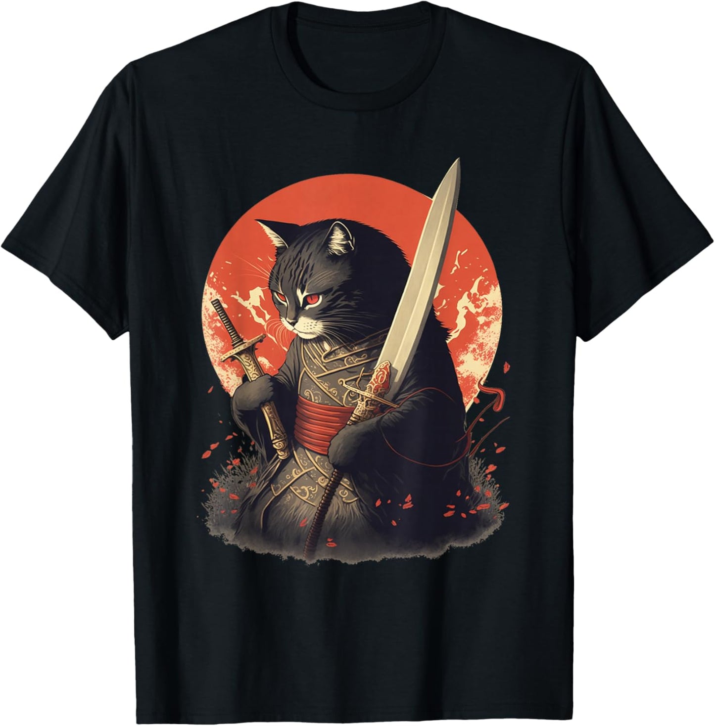 Retro Japanese Samurai Ninja Cat Kawaii Tattoo Graphic Style T-Shirt - T-Shirt | Black